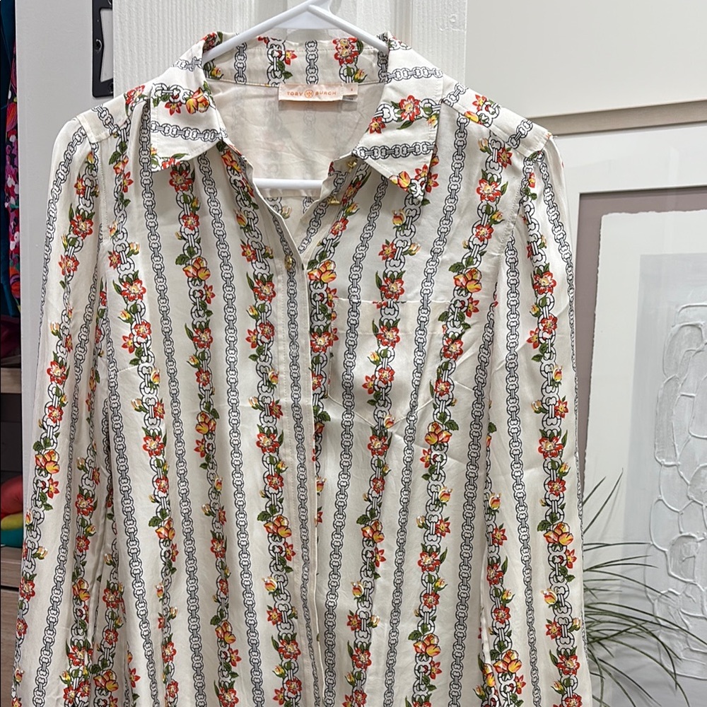 Floral Stripe Button-Up Women’s Top - White with Orange & Green